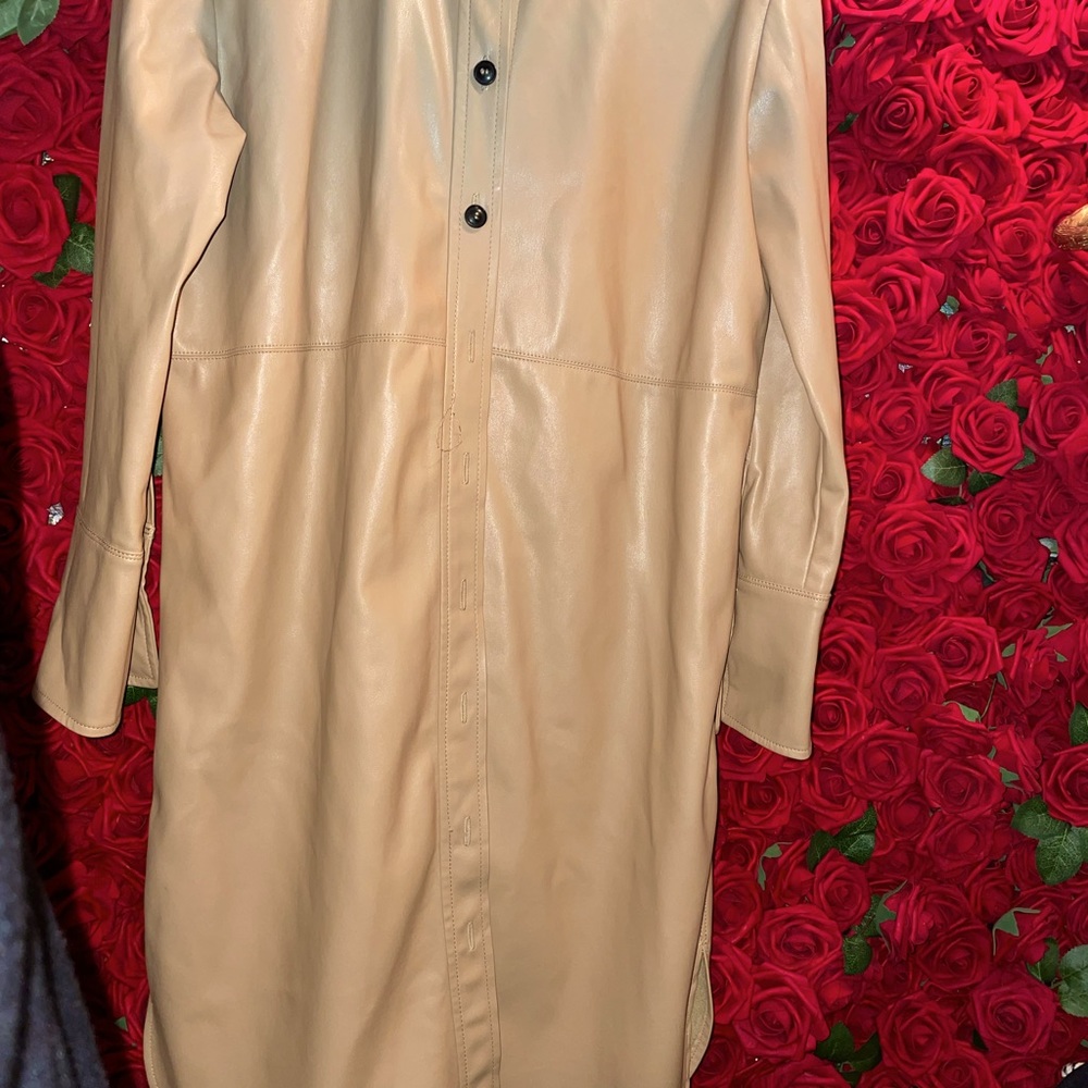 ZARA CARMEL MOCHA LONG BUTTON UP SHIRT FAUX LEATHER